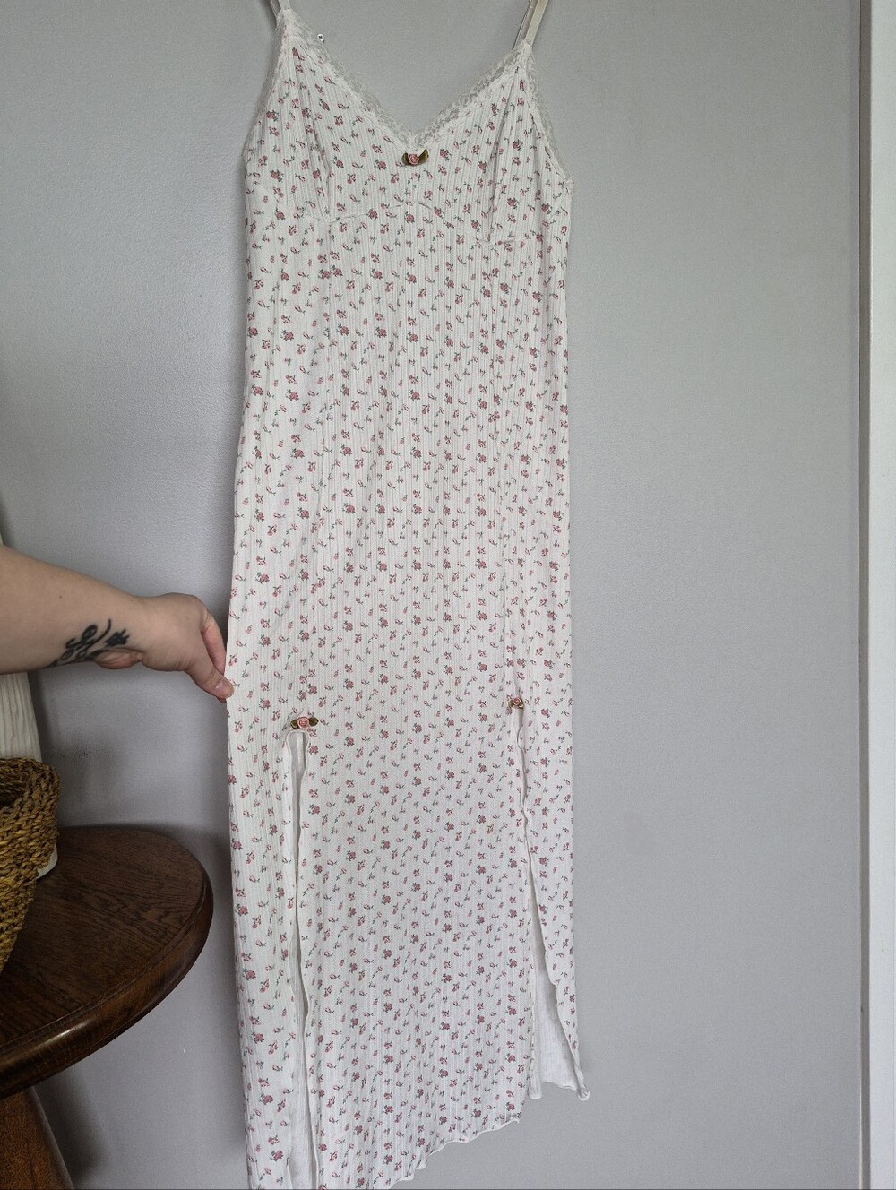 Floral Lace-Trim Slip Dress in Cream with Pink Print